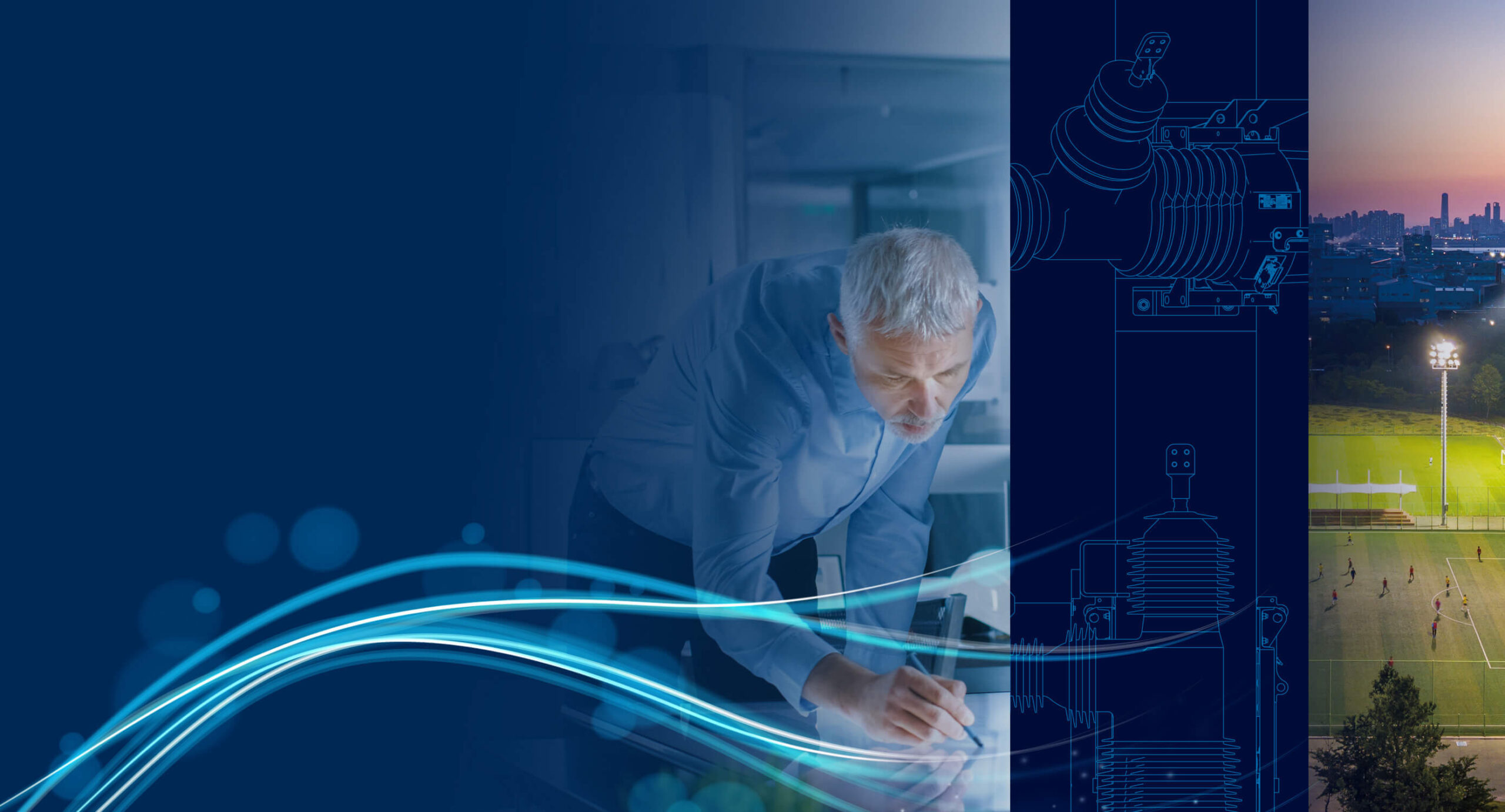 Composite image featuring a professional working on a design, a technical blueprint, and an illuminated sports field at dusk, representing innovation and technology.