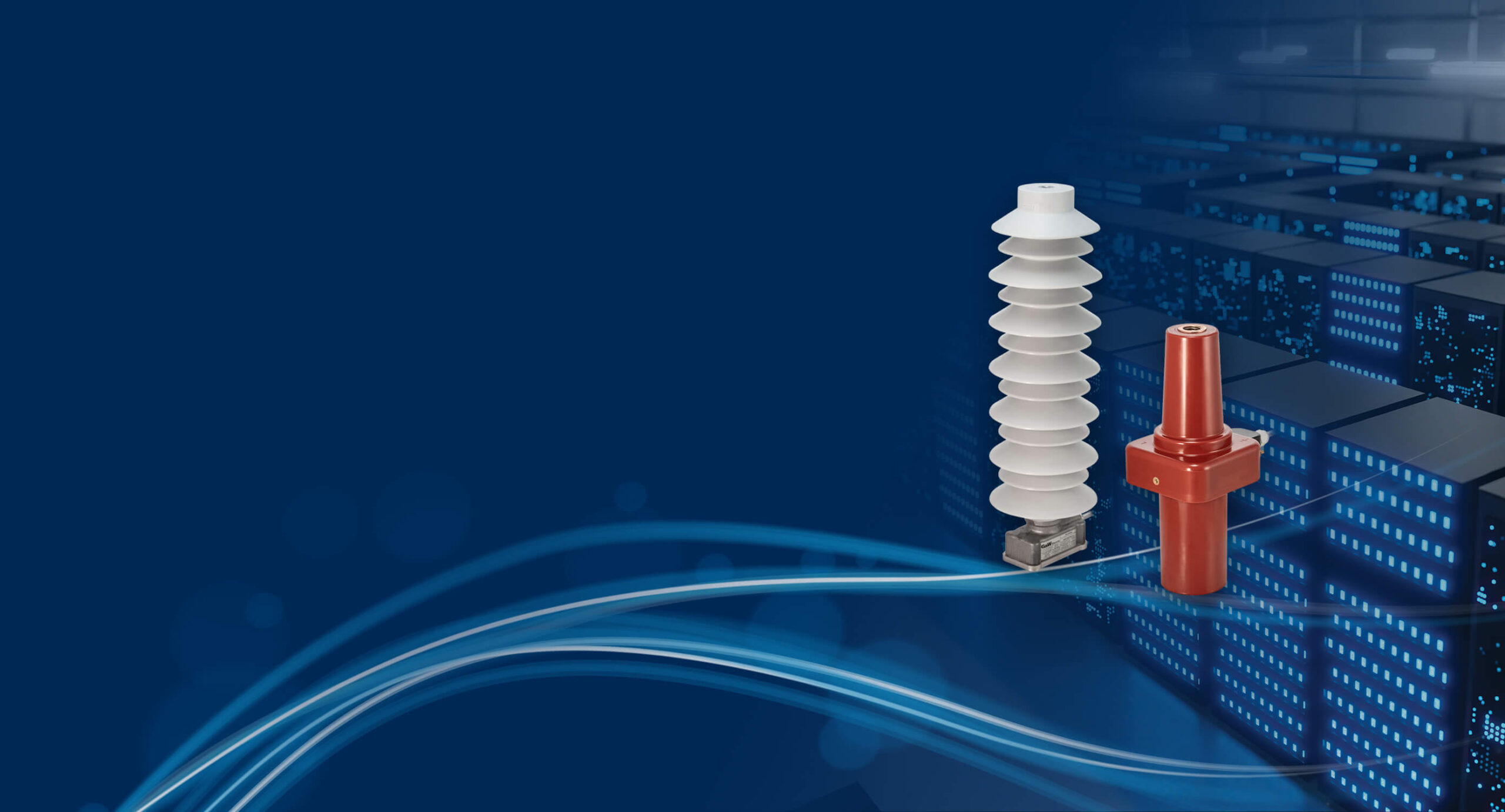 Electrical components over a digital grid background with blue light streaks, symbolizing power distribution and smart grid technology.