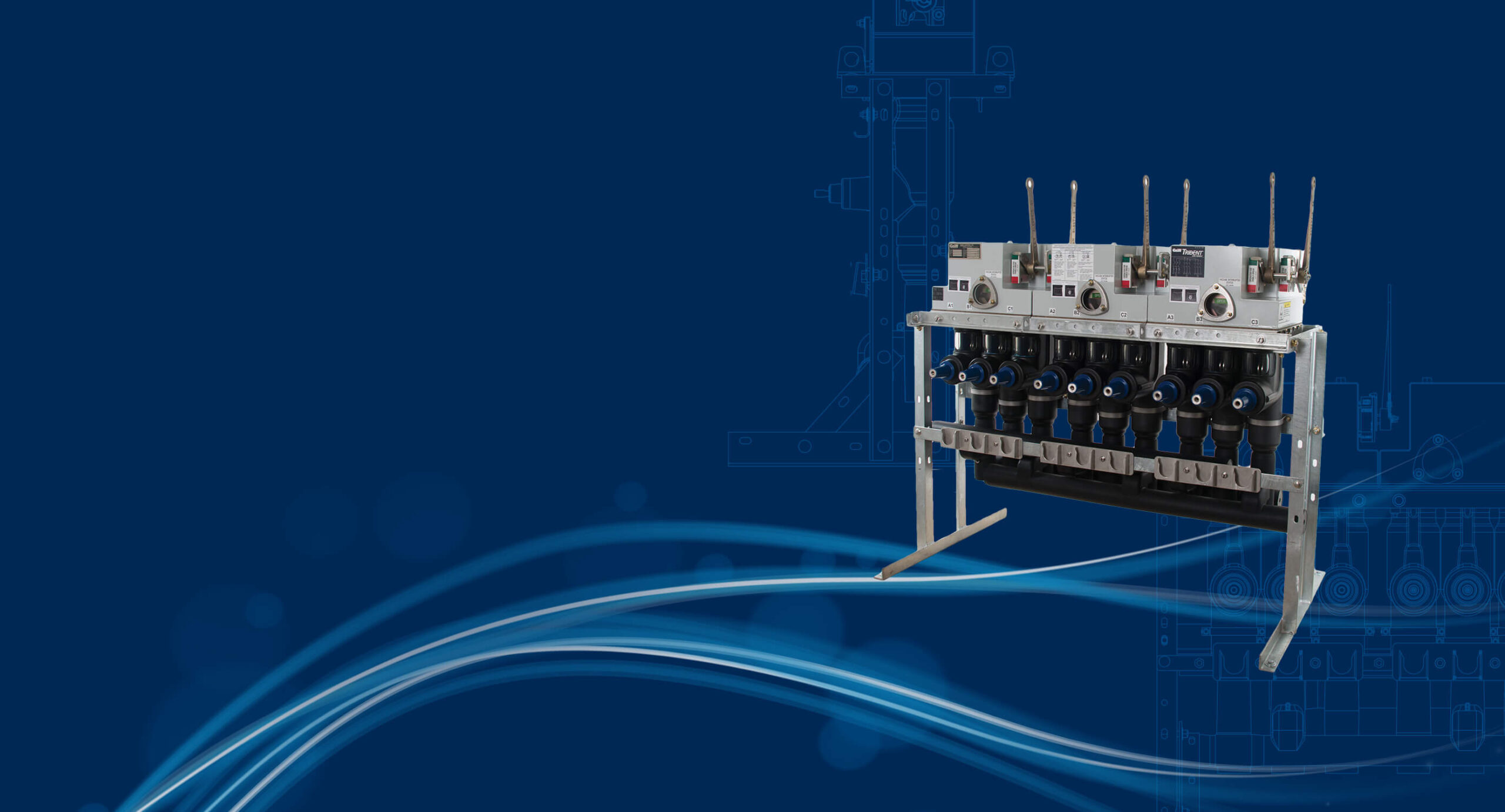 Electrical switchgear unit with multiple controls and insulated components, set against a blue background with technical schematics and flowing energy lines.